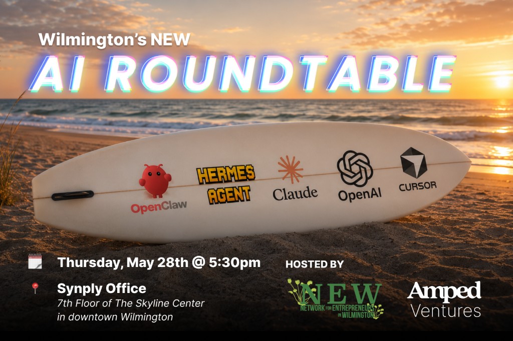 Wilmington's NEW AI Roundtable - Thursday May 28th at 5:30pm at Synply Office, 7th Floor of The Skyline Center in downtown Wilmington. Hosted by NEW and Amped Ventures.