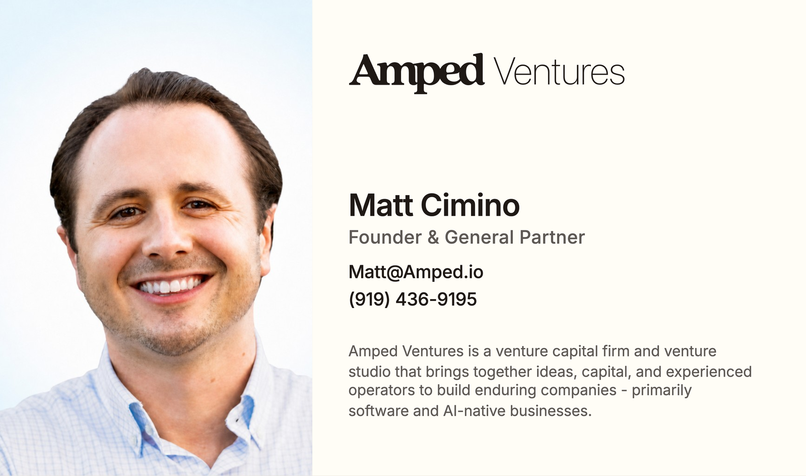 Amped Ventures business card, front — Matt Cimino, Founder & General Partner